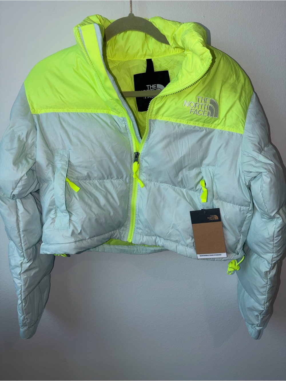 The North Face Women's Neon Yellow & Light Gray Cropped Puffer Jacket